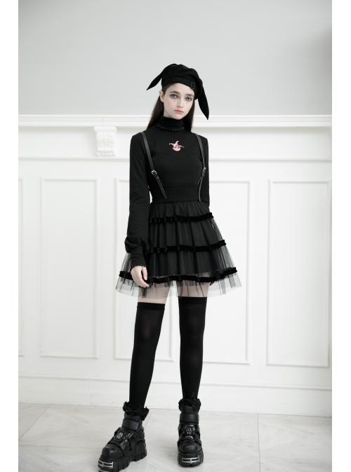 Steam Punk Female Black Mesh STitching Strap High Waist Dress