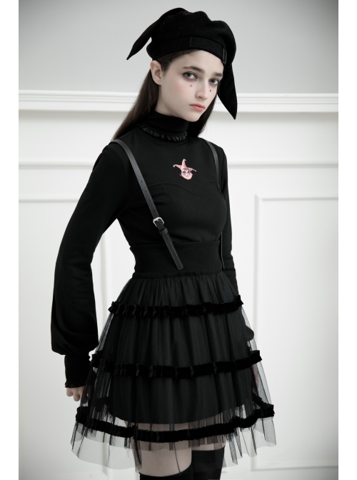 Steam Punk Female Black Mesh STitching Strap High Waist Dress