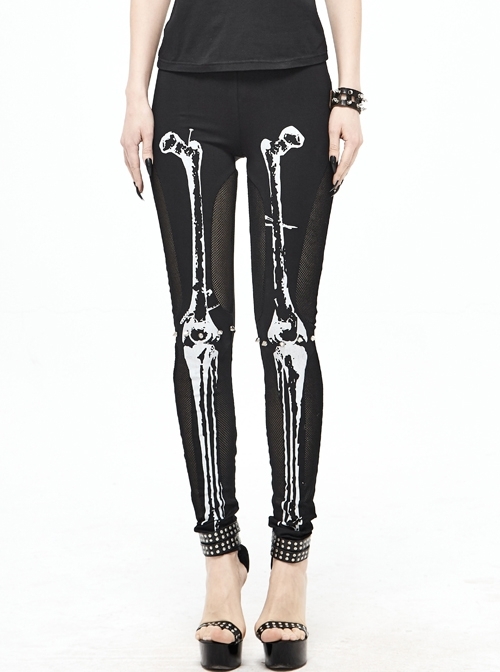Front Skull Marrowbone Pattern Printed Black Punk Knit Legging