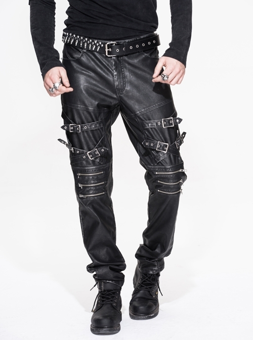 Men Metal Zipper Decoration Metal Buckle Leg Loop Black And Silver Hand-Rubbed Leather Trousers