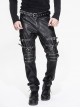 Men Metal Zipper Decoration Metal Buckle Leg Loop Black And Silver Hand-Rubbed Leather Trousers