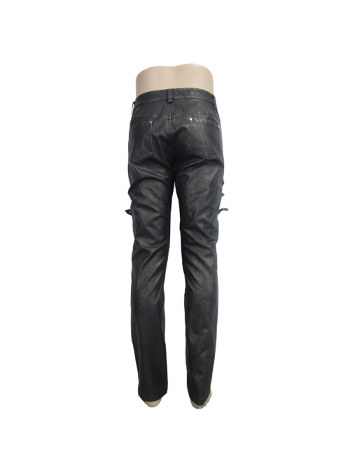 Men Metal Zipper Decoration Metal Buckle Leg Loop Black And Silver Hand-Rubbed Leather Trousers