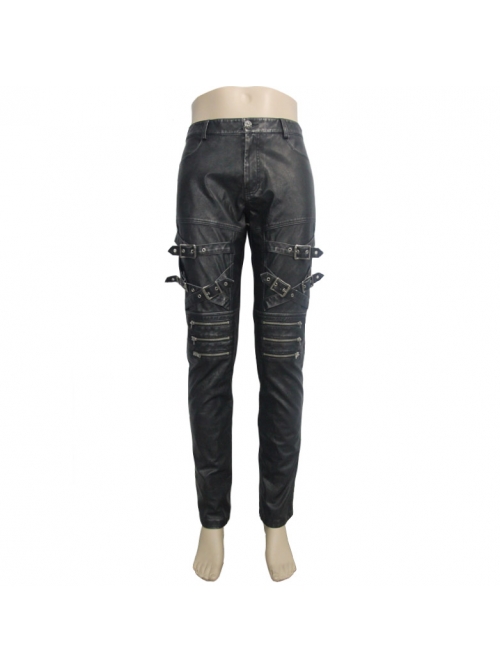 Men Metal Zipper Decoration Metal Buckle Leg Loop Black And Silver Hand-Rubbed Leather Trousers