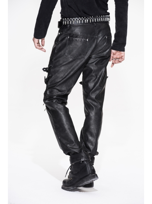 Men Metal Zipper Decoration Metal Buckle Leg Loop Black And Silver Hand-Rubbed Leather Trousers