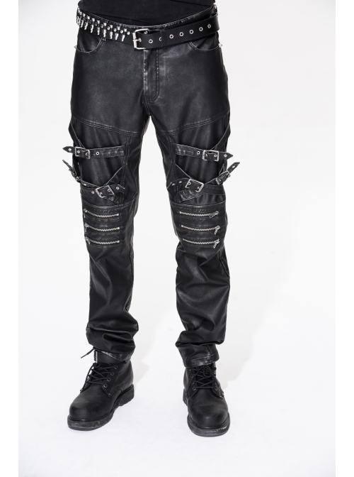 Men Metal Zipper Decoration Metal Buckle Leg Loop Black And Silver Hand-Rubbed Leather Trousers