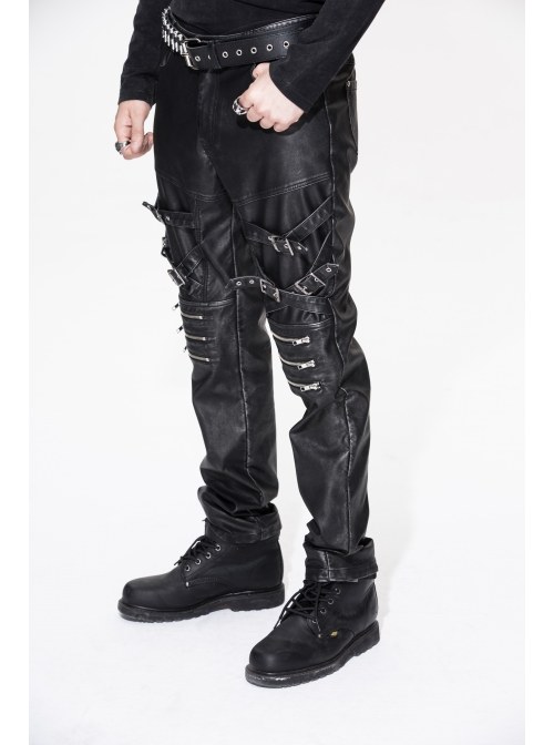 Men Metal Zipper Decoration Metal Buckle Leg Loop Black And Silver Hand-Rubbed Leather Trousers