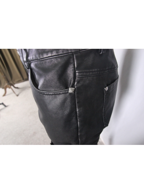 Men Metal Zipper Decoration Metal Buckle Leg Loop Black And Silver Hand-Rubbed Leather Trousers