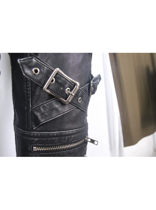 Men Metal Zipper Decoration Metal Buckle Leg Loop Black And Silver Hand-Rubbed Leather Trousers