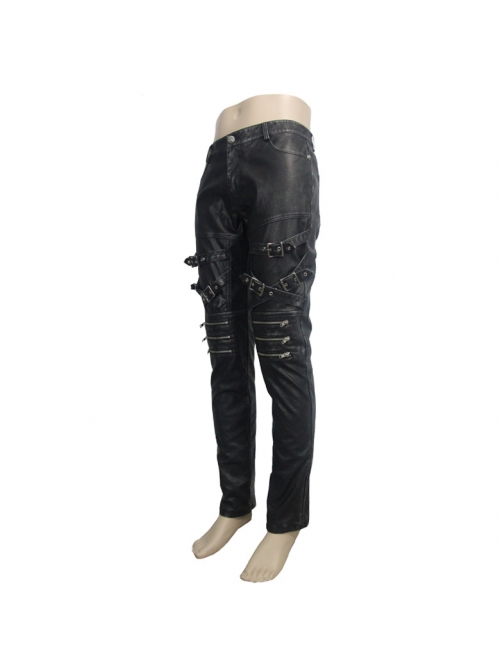 Men Metal Zipper Decoration Metal Buckle Leg Loop Black And Silver Hand-Rubbed Leather Trousers