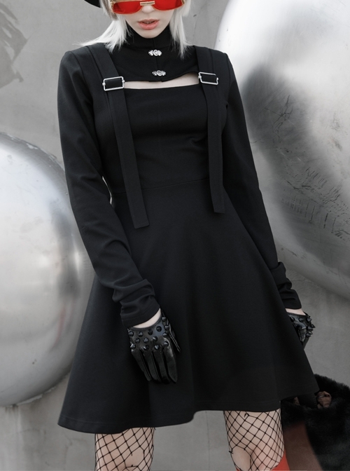 Steam Punk Female Black Hollow High Waist Long Sleeve Dress