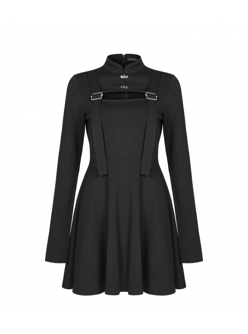 Steam Punk Female Black Hollow High Waist Long Sleeve Dress