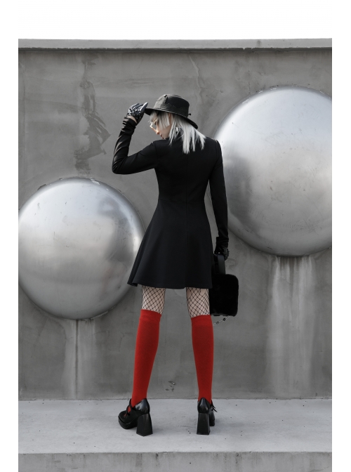 Steam Punk Female Black Hollow High Waist Long Sleeve Dress