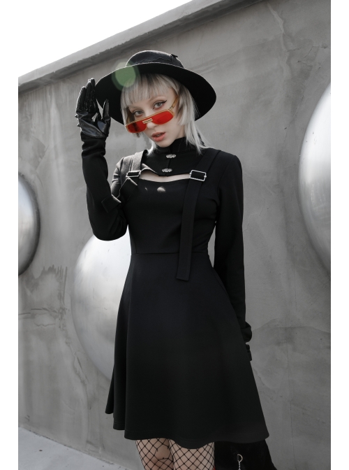 Steam Punk Female Black Hollow High Waist Long Sleeve Dress