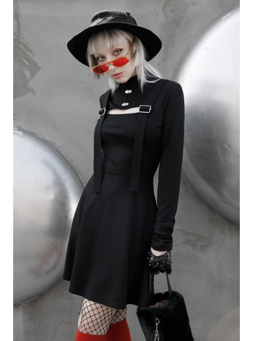 Steam Punk Female Black Hollow High Waist Long Sleeve Dress