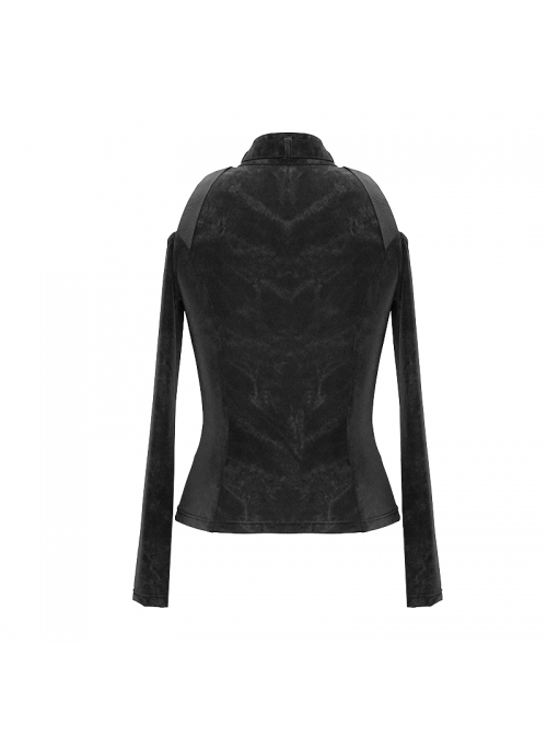 Hasp Collar Off-Shoulder Ribbon Black Punk Irregular Floral Pattern Stretch Knitted Coat