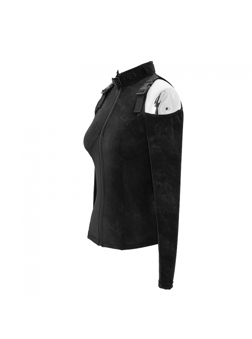 Hasp Collar Off-Shoulder Ribbon Black Punk Irregular Floral Pattern Stretch Knitted Coat