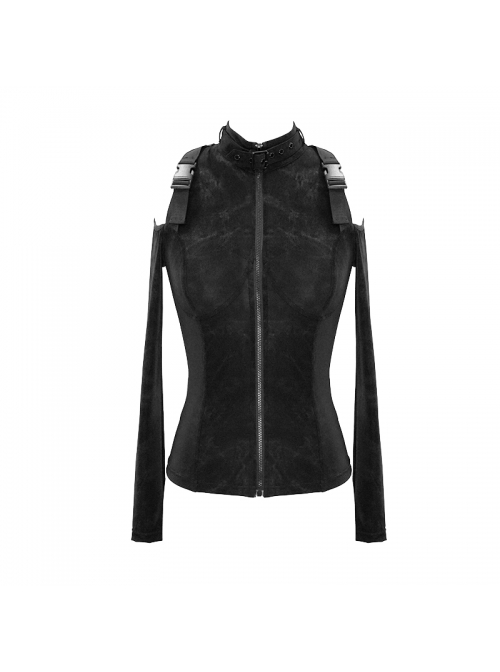 Hasp Collar Off-Shoulder Ribbon Black Punk Irregular Floral Pattern Stretch Knitted Coat