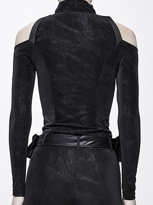 Hasp Collar Off-Shoulder Ribbon Black Punk Irregular Floral Pattern Stretch Knitted Coat