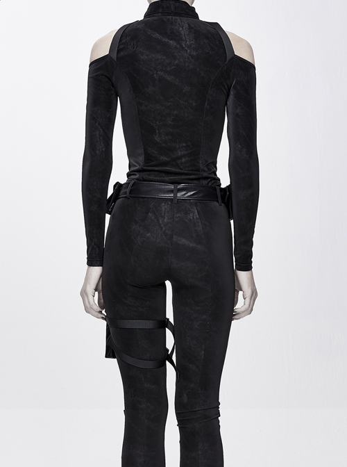 Hasp Collar Off-Shoulder Ribbon Black Punk Irregular Floral Pattern Stretch Knitted Coat