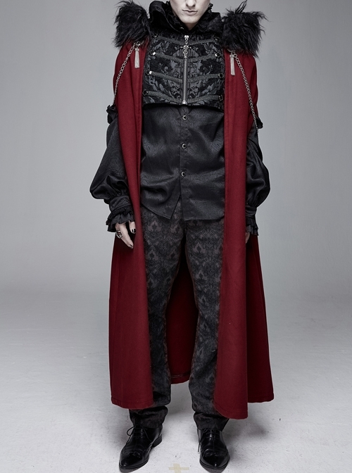Fur Collar Side Metal Chain Metal Tassels Decoration Wine Red Gothic Cloak