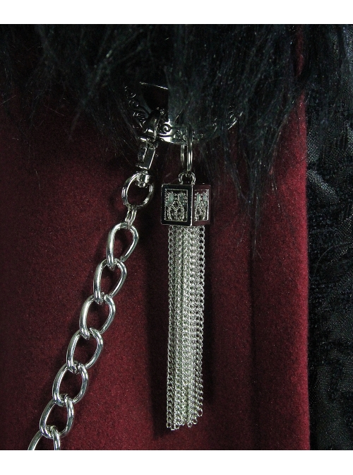 Fur Collar Side Metal Chain Metal Tassels Decoration Wine Red Gothic Cloak