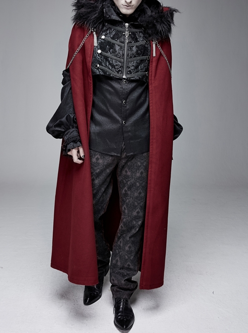 Fur Collar Side Metal Chain Metal Tassels Decoration Wine Red Gothic Cloak