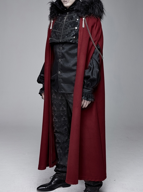 Fur Collar Side Metal Chain Metal Tassels Decoration Wine Red Gothic Cloak