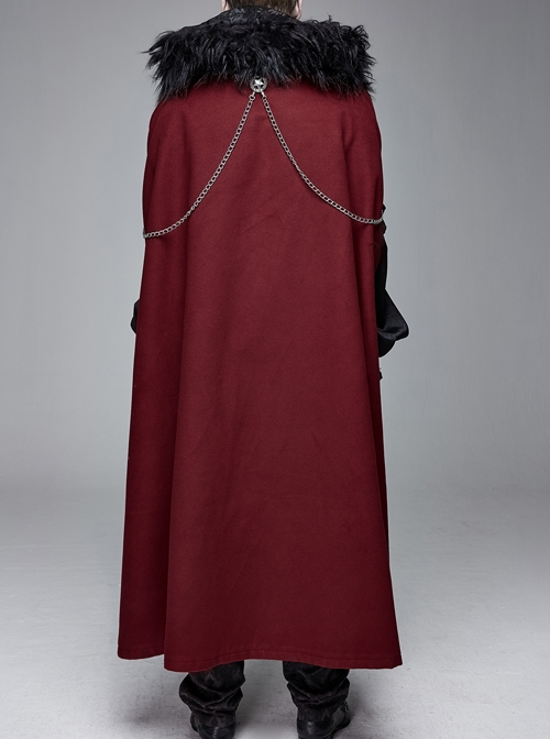 Fur Collar Side Metal Chain Metal Tassels Decoration Wine Red Gothic Cloak