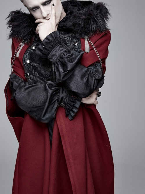 Fur Collar Side Metal Chain Metal Tassels Decoration Wine Red Gothic Cloak