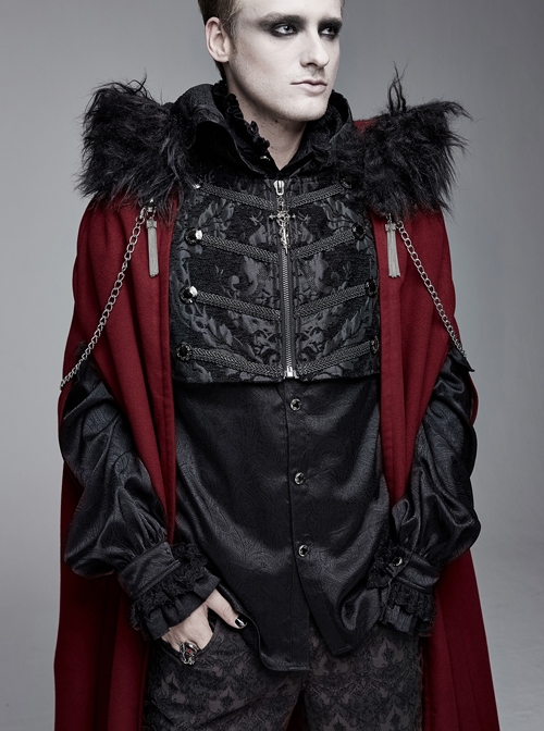 Fur Collar Side Metal Chain Metal Tassels Decoration Wine Red Gothic Cloak