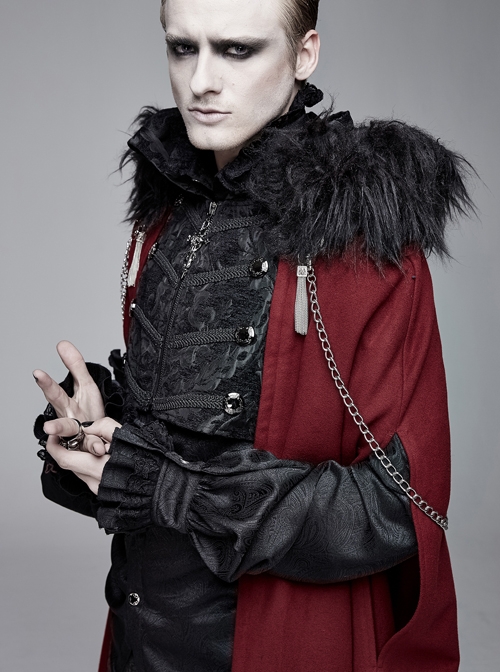 Fur Collar Side Metal Chain Metal Tassels Decoration Wine Red Gothic Cloak