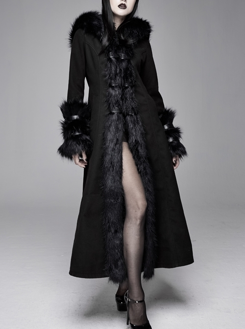Big Fur Collar Metal Buckle Leather Hasp Cuff Black Gothic Maxi Coat