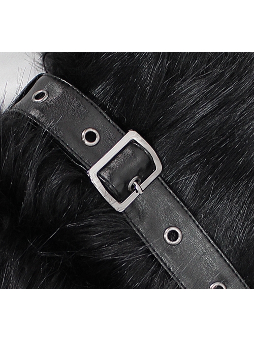 Big Fur Collar Metal Buckle Leather Hasp Cuff Black Gothic Maxi Coat