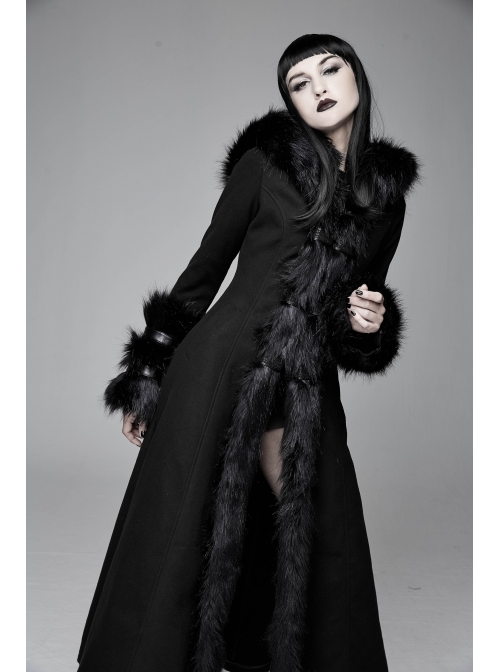 Big Fur Collar Metal Buckle Leather Hasp Cuff Black Gothic Maxi Coat