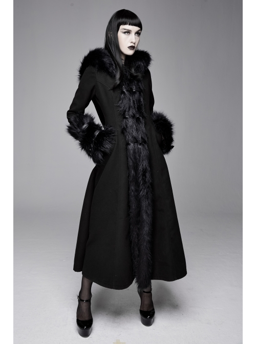 Big Fur Collar Metal Buckle Leather Hasp Cuff Black Gothic Maxi Coat