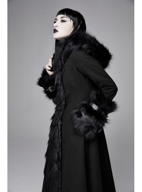 Big Fur Collar Metal Buckle Leather Hasp Cuff Black Gothic Maxi Coat