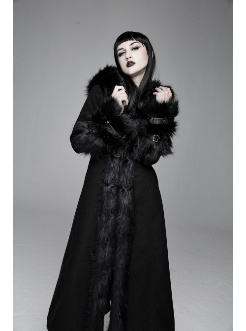 Big Fur Collar Metal Buckle Leather Hasp Cuff Black Gothic Maxi Coat