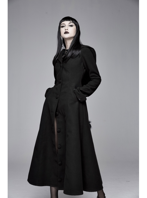 Big Fur Collar Metal Buckle Leather Hasp Cuff Black Gothic Maxi Coat