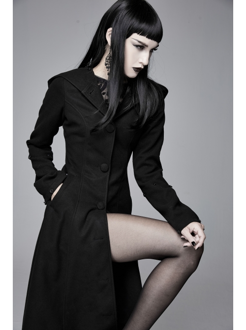 Big Fur Collar Metal Buckle Leather Hasp Cuff Black Gothic Maxi Coat