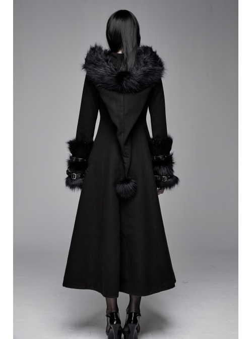 Big Fur Collar Metal Buckle Leather Hasp Cuff Black Gothic Maxi Coat