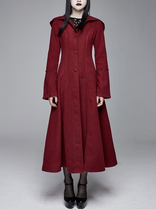 Black Big Fur Collar Metal Buckle Leather Hasp Cuff Wine Red Gothic Maxi Coat