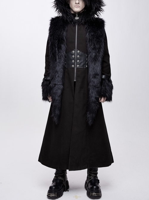 Front Metal Retro Button False Waist Closure Black Gothic Double-Sided Wool Maxi Coat