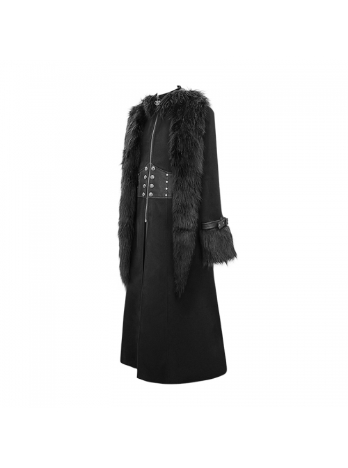 Front Metal Retro Button False Waist Closure Black Gothic Double-Sided Wool Maxi Coat
