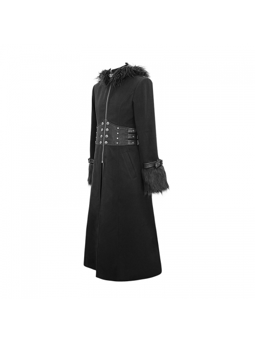 Front Metal Retro Button False Waist Closure Black Gothic Double-Sided Wool Maxi Coat