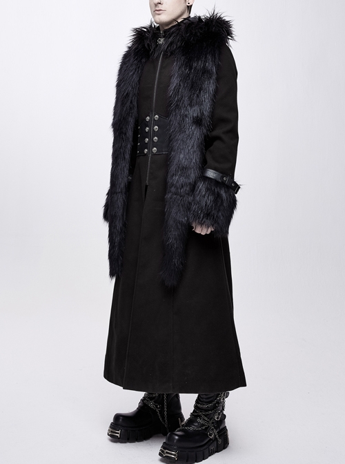Front Metal Retro Button False Waist Closure Black Gothic Double-Sided Wool Maxi Coat