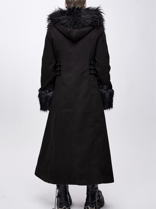 Front Metal Retro Button False Waist Closure Black Gothic Double-Sided Wool Maxi Coat