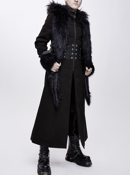 Front Metal Retro Button False Waist Closure Black Gothic Double-Sided Wool Maxi Coat