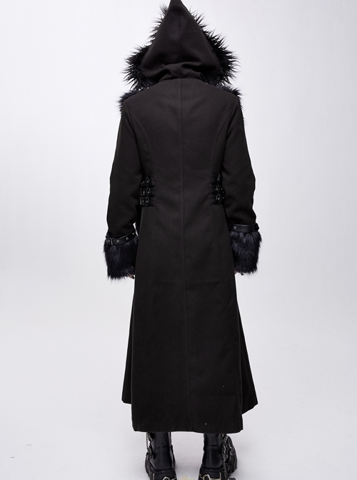 Front Metal Retro Button False Waist Closure Black Gothic Double-Sided Wool Maxi Coat