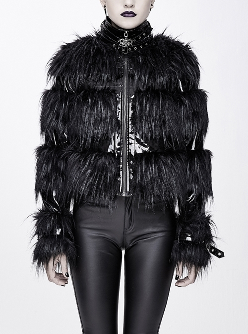 Metal Buckle Loop Stand-Up Collar Splice Patent Leather Black Punk Woolen Coat