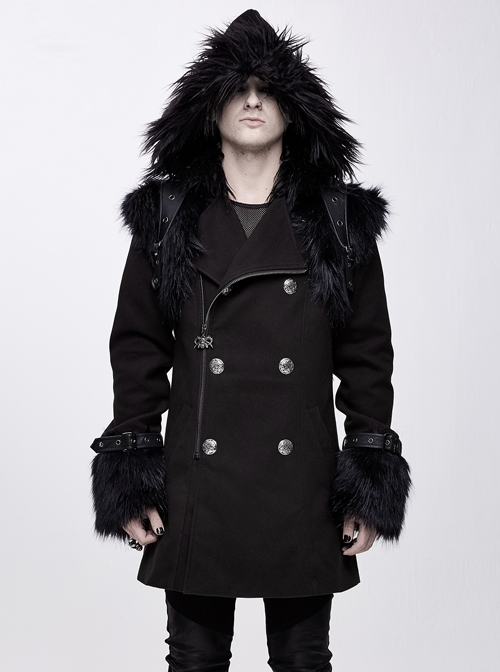 Fur Collar Shoulder Leather Hasp Front Metal Button Black Punk Double-Sided Wool Coat